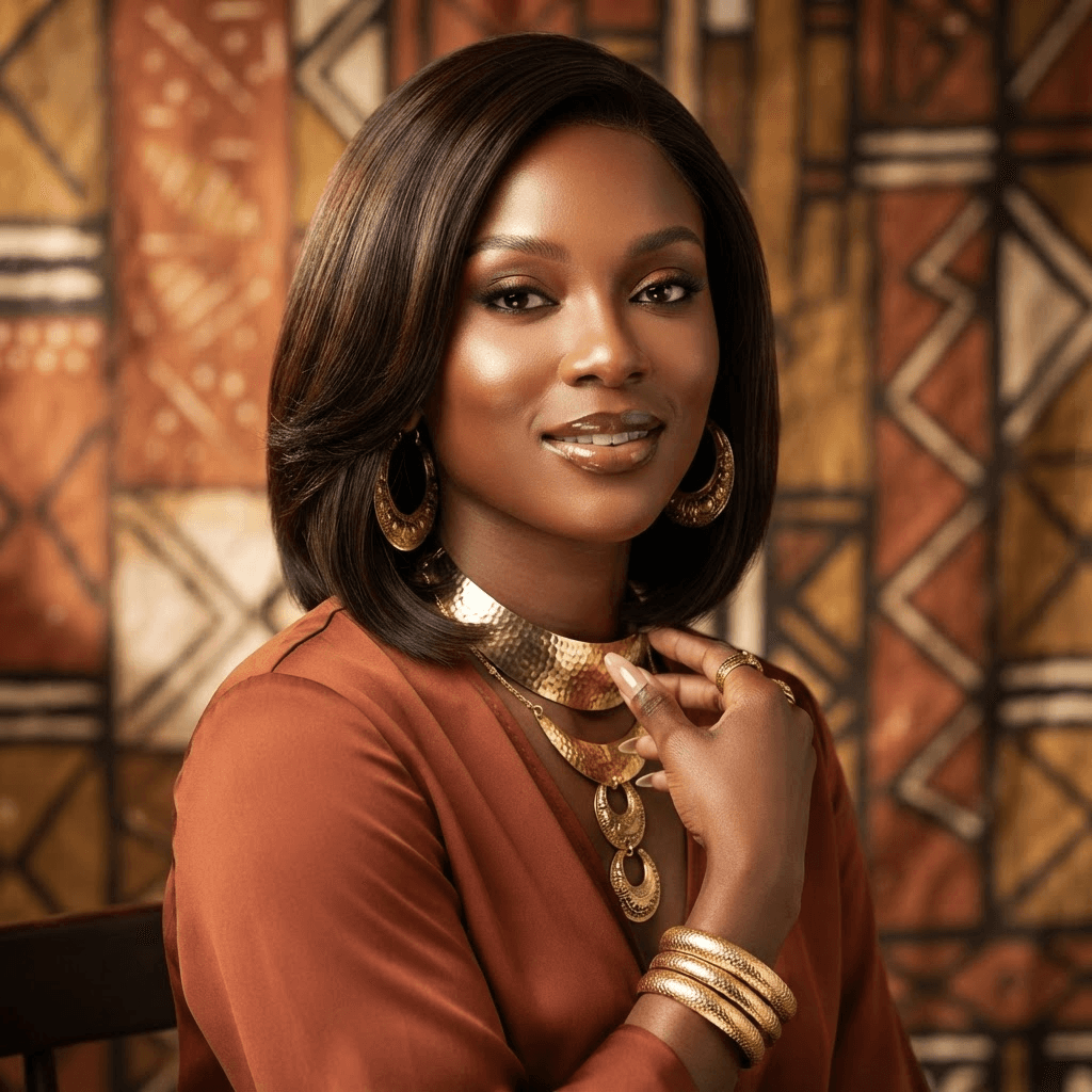 Femme africaine élégante mettant en valeur une perruque Maria Shop